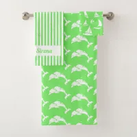 Dolphins and Sailboats, Green White Bath Towel Set