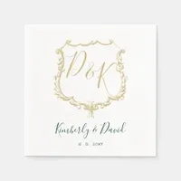 Monogrammed Gold Crest and Forest Green Wedding Napkins