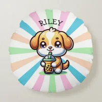 Cute Kawaii Puppy Dog with Bubble Tea Personalized Round Pillow