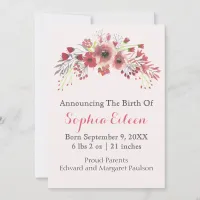 Rose Pink Watercolor Baby Girl Birth Announcement