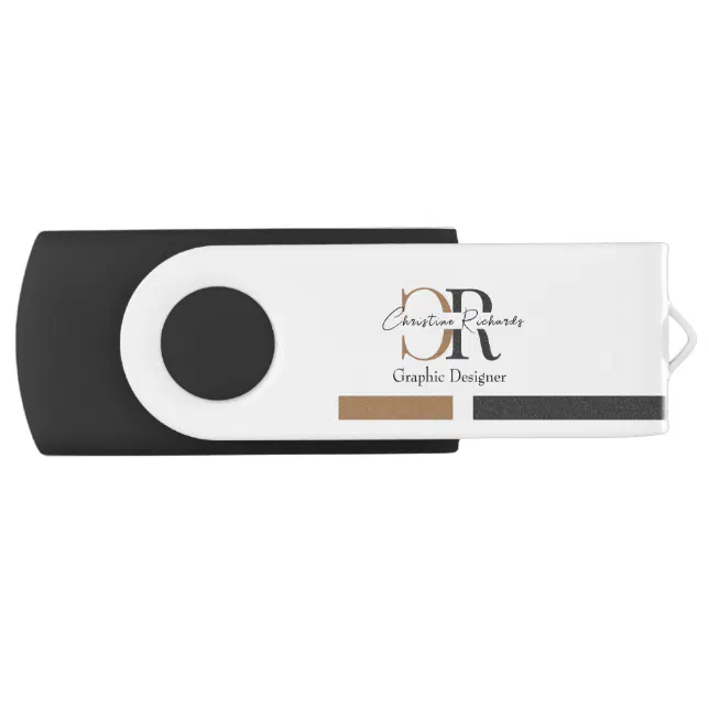 Simple Modern Black Gold Monogram Flash Drive