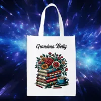 Personalized Vintage Books, Coffee and Flowers Grocery Bag