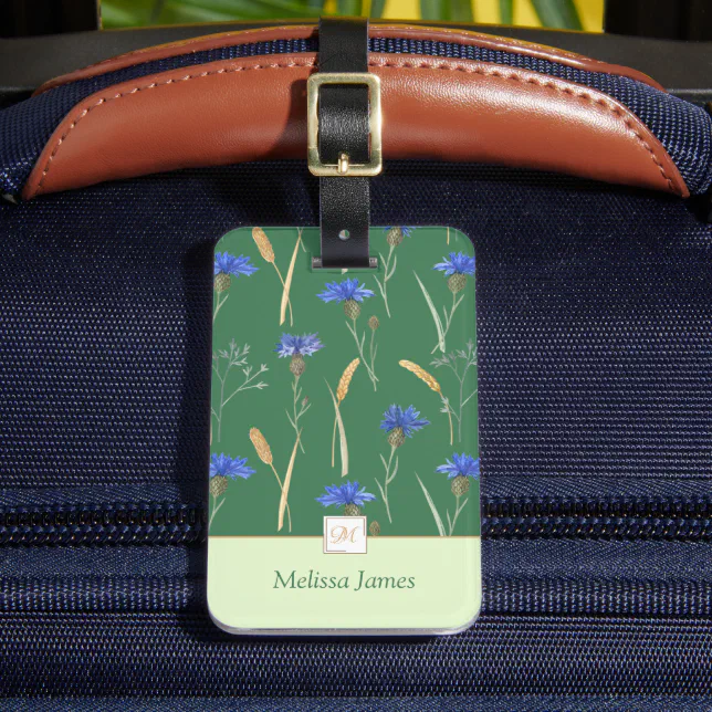 Green Floral Wildflower Monogram Luggage Tag