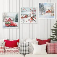 Christmas Watercolor Snowy Winter Scene Red Houses Peel And Stick Photo Tile