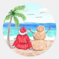 Funny Santa and Snowman on the Beach Christmas Classic Round Sticker