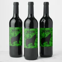 Modern Green Camo Black Wolf Silhouette Monogram | Wine Label