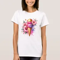 Pretty Pink and Gold Ice Cream Cone Floral T-Shirt