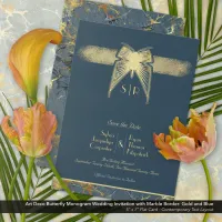 Art Deco Butterfly Monogram Blue and Gold Wedding Save The Date