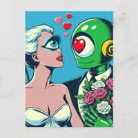 One Eyed Alien Woman and Green Robot in Love Postcard