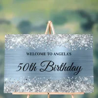 Silver Glitter Light Blue 50th Birthday Welcome Acrylic Sign