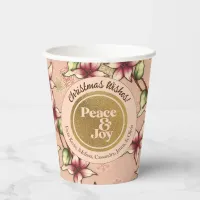 Peace & Joy, Pink and Gold Poinsettia Christmas Paper Cups