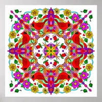 Pretty Colorful Cardinals and Flowers Mandala   Poster