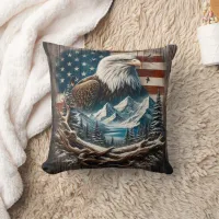 Majestic Eagle Among Mountains and American Flag Throw Pillow