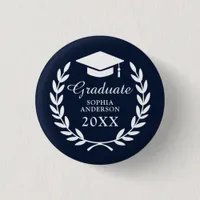 Navy Blue Custom Name Laurel Wreath Graduation Button