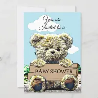 Cute Teddy Bear Holding  Baby Shower Sign Invitation
