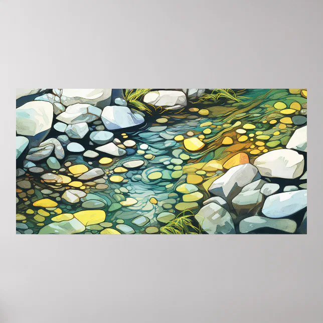 River rocks abstract watercolor painting poster