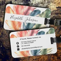 Colorful Watercolor Feathers Black Script Name Luggage Tag