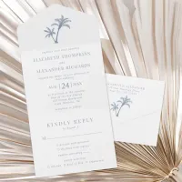 Tropical Palm Tree Beach Wedding Dusty Blue All In One Invitation