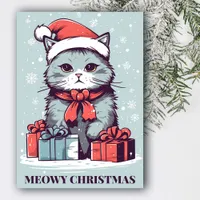 Blue and Red Holiday Cat Cute Meowy Christmas Card