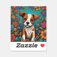 Cute Puppy with Whimsical Folk Art Flowers Sticker