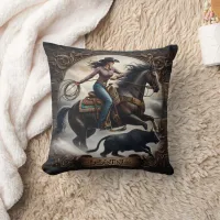 Cowgirl Roping a Bull at a Rodeo Event Throw Pillow