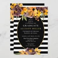 Black White Stripes Yellow Floral Graduation Party Invitation