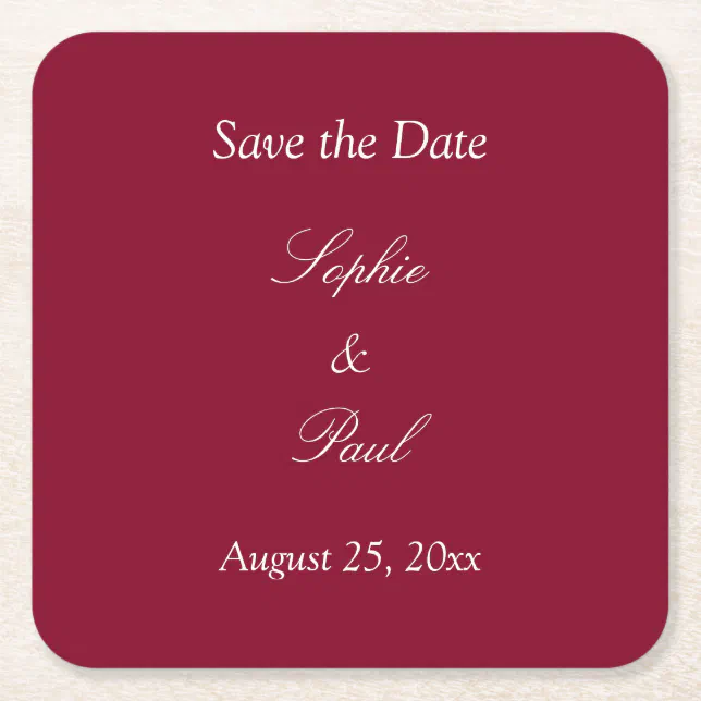 Elegant Burgundy Save the Date Square Paper Coaster