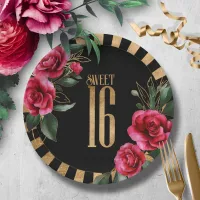 Gold Foil Stripes Floral Sweet Sixteen Black ID757 Paper Plates