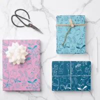 Quirky Hand Drawn Bows & Bubbly Pink & Blue Xmas Wrapping Paper Sheets