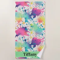 Pastel Rainbow Paint Splatter Beach Towel