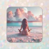 Beautiful Woman Meditating on Beach Blank Square Sticker