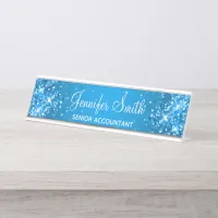 Girly Glittery Azure Gradient Desk Name Plate