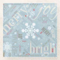 Christmas Text and Snowflake Pattern Blue ID257 Glass Coaster