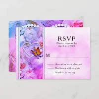 Heart Pearls, Pink Roses & Butterflies Wedding RSVP Card