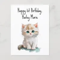 Personalized First Birthday Kitten with Blue Eyes  Postcard