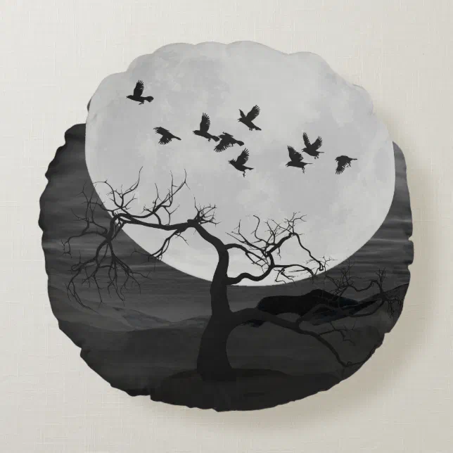 Spooky Ravens Flying Against the Full Moon Round Pillow