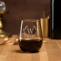 Elegant Monogram Laurel Crest Family Name  Stemless Wine Glass