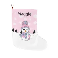 Pink Snowman and Snowflakes Personalized  Large Christmas Stocking