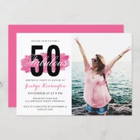 Cute Hot Pink Watercolor 50th Birthday Party Photo Invitation