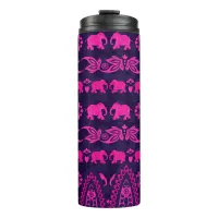 Pink Asian Elephant Pattern on Blue Thermal Tumbler