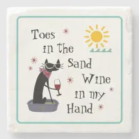 Toes in the Sand Wine in My Hand Funny Beach Cat Stone Coaster