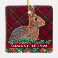 Rabbit with Holly Berries and Plaid Customizable Ceramic Ornament