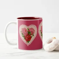 Viva Magenta Roses in Heart Vintage Valentine Two-Tone Coffee Mug