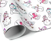 Cute Girly Pink Snowman | White Christmas Wrapping Paper