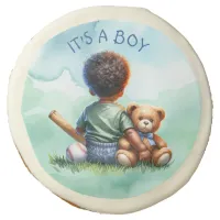 Baby Boy of Color with his Teddy Bear Baby Shower Sugar Cookie