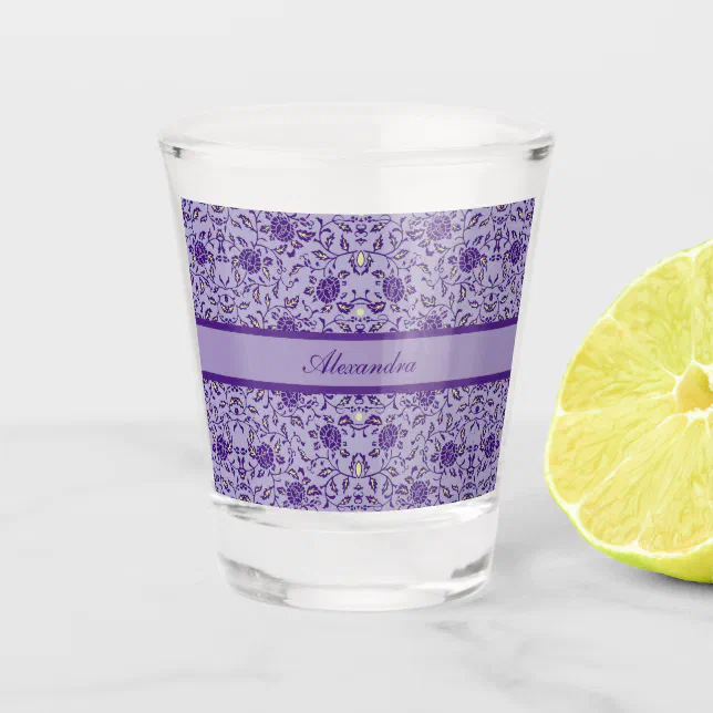 Elegant Flowery Purple Damask Shot Glass