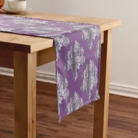 Luxurious Metallic Purple Damask Pattern Short Table Runner