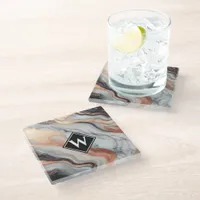 Elegant Rose Gold Black Marble Monogram Glass Coaster