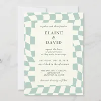 Retro Groovy Green Checkerboard Wedding Invitation