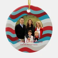 Red & Blue Wavy Christmas Photo Ceramic Ornament